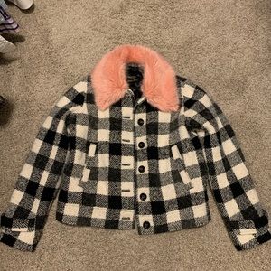 Juicy plaid jacket with pink faux fur collar